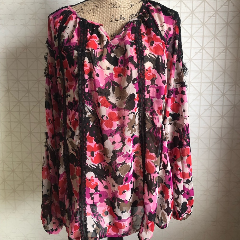 Colleen Lopez XL sheer floral & lace blouse